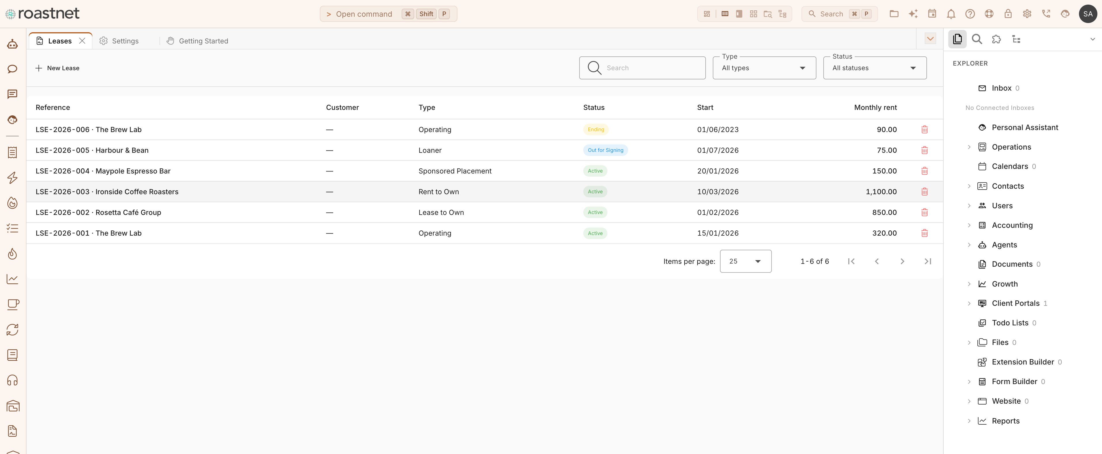 Equipment lease agreements dashboard in Roastnet