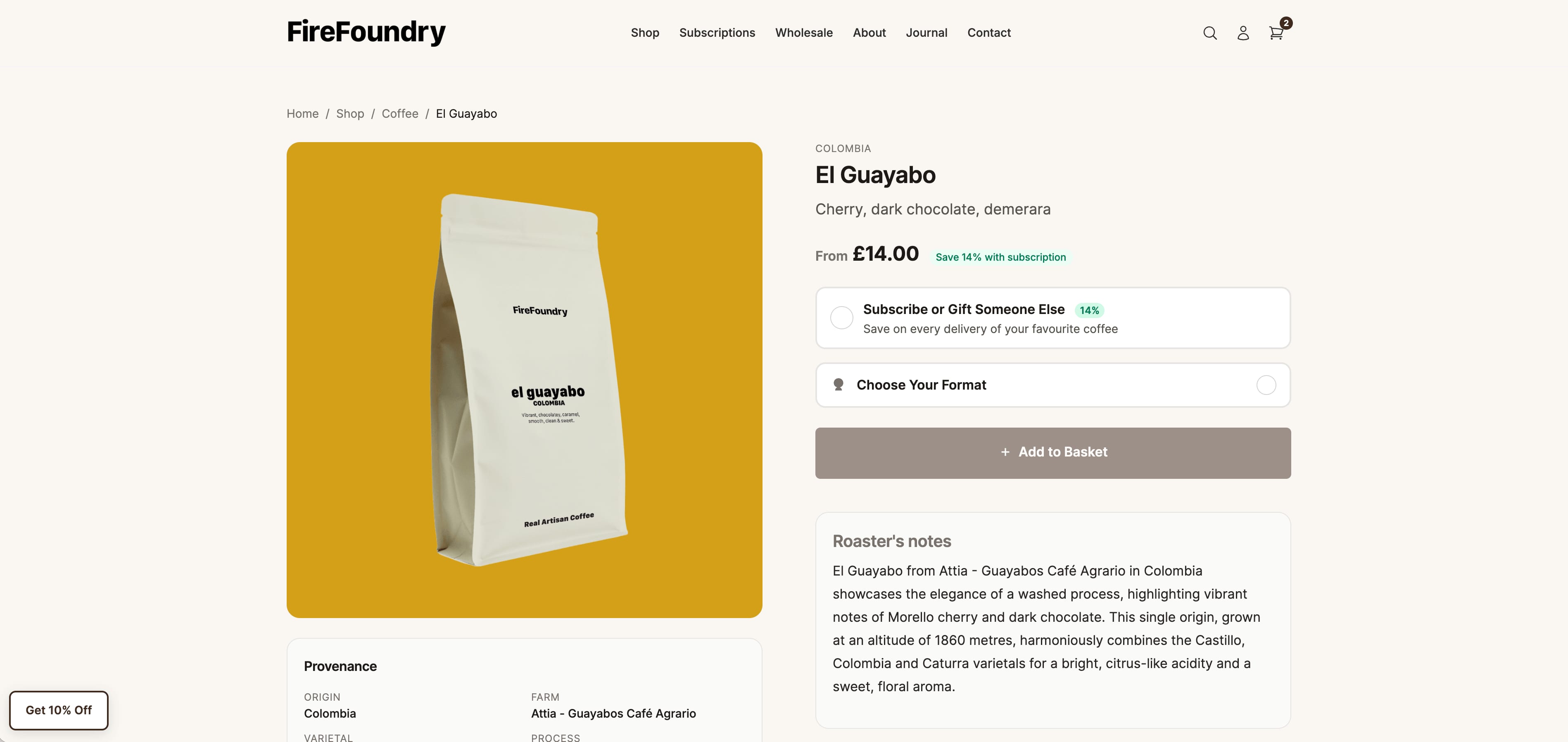 A hosted storefront product page in Roastnet, showing a coffee with pricing, subscription and roaster notes